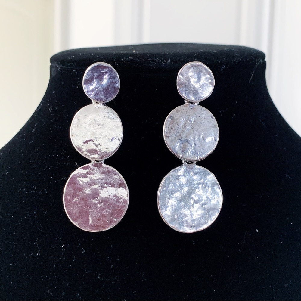 Silver Plating Triple Coin Dangles Hammered Earrings